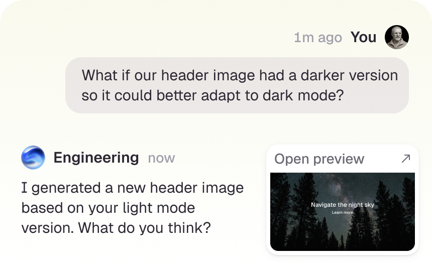 Engineering thread showing a teammate requesting and receiving a darker header image